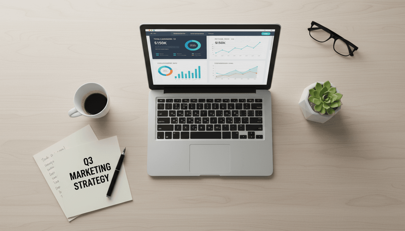Marketing dashboard on laptop with strategy notes on desk