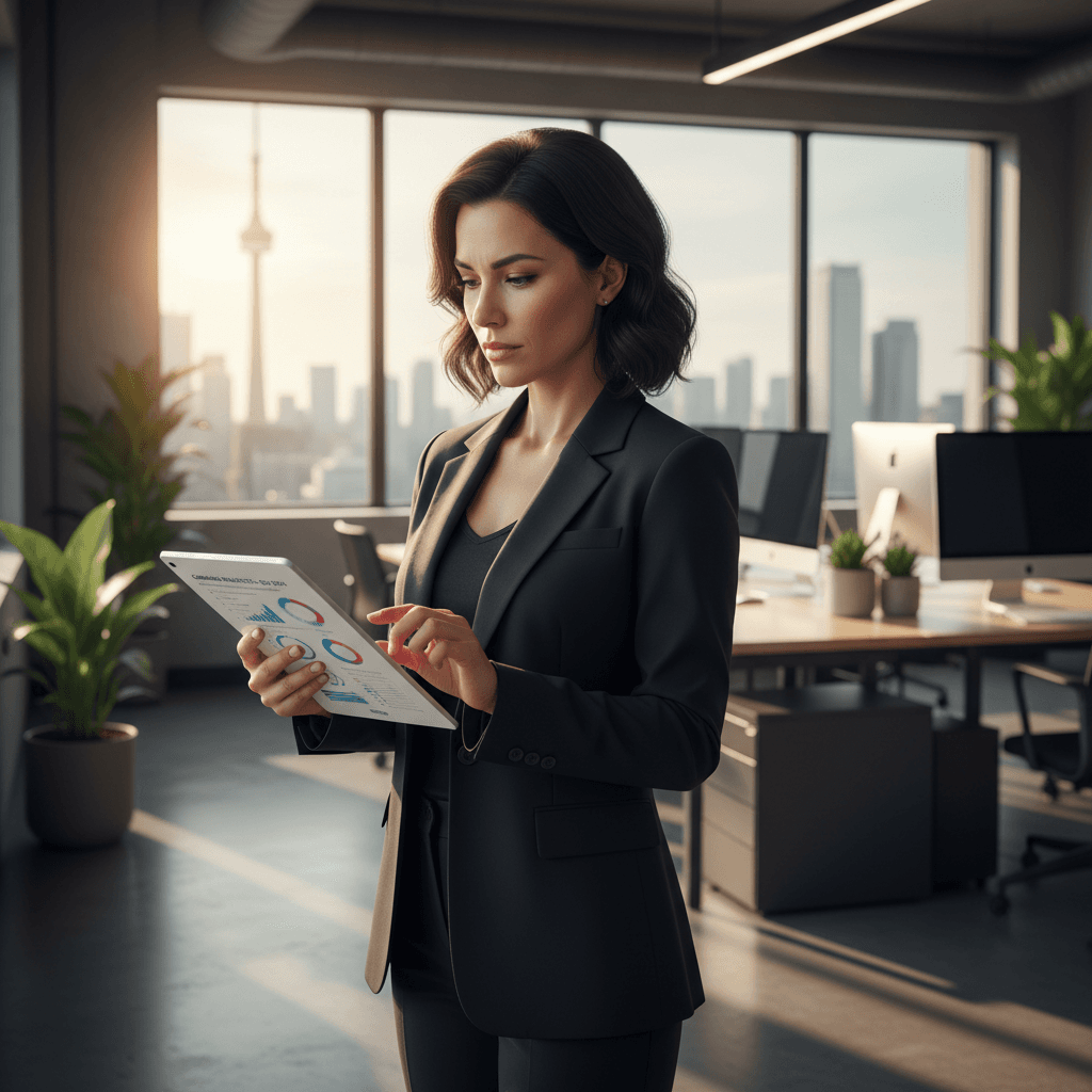 Marketing strategist reviewing campaign data on tablet in Toronto office